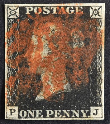 Lot 364 - 1840 1d Black (P- J) -  A fine 4 margin 1d black with 2 large margins, cut a bit close SW...