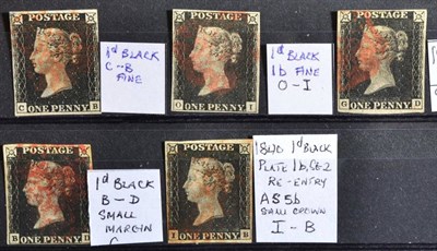 Lot 369 - 1d Blacks - Small grouping of 5 fine 4 margin 1d blacks, all with red MX cancels. Some are cut...