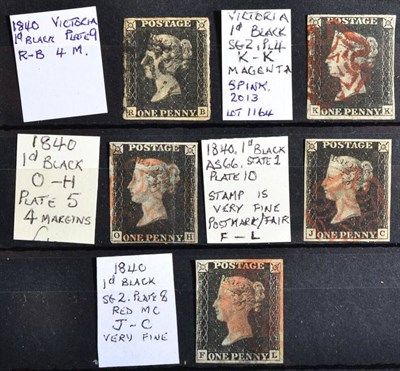 Lot 370 - 1d Blacks - Small grouping of 5 1d blacks, mainly 3 to 4 margins, 3 with red MX. Generally...