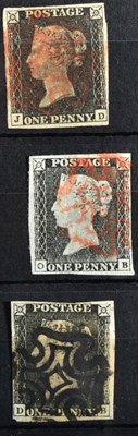 Lot 374 - 1d Blacks - Small grouping of 3 1d blacks. Including a 4 margin with red MX ( cut close bottom...