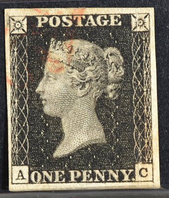 Lot 376 - 1d Black - 4 good margins A-C with a faint red MX cancel.