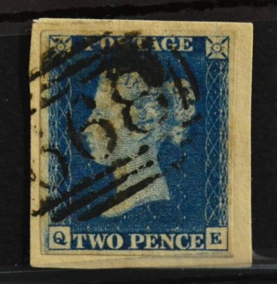 Lot 387 - QV 1840 2d blue Q-K. Four margins, tied to small piece by a black '1844' obliterator. Scarce...