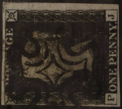 Lot 388 - QV 1840 1d Black lettered P-J, 4 margins with huge RH margin, close bottom and left, cancelled by a