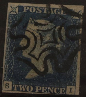 Lot 389 - 1840 2d blue S-I. Three good margins, shaved bottom right, used with a superb black Maltese cross