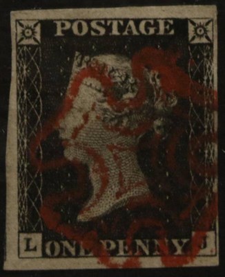 Lot 390 - 1840 1d Black lettered L-J 4 margins with 3 large with a vivid red MC cancel. Good looker,...