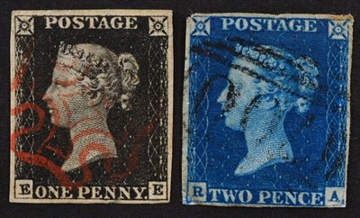 Lot 391 - 1840 1d black and 2d blue. A fine 4 margin 1d black lettered E-E with light red MX cancel plus...