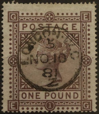 Lot 395 - QV SG129 £1 Brown Lilac. Very fine used London CDS cancel, centred slightly low, otherwise superb.