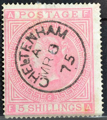 Lot 402 - QV 1867-83 5/- Rose - VFU. with Cheltenham CDS minor faults centred left. Cat £675