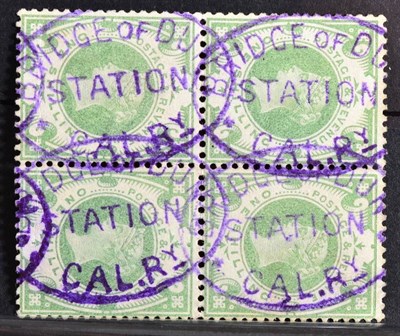 Lot 405 - QV 1887 1s Dull Green SG 211 in a fine used block of 4 with a superb Bridge of Dun Station...