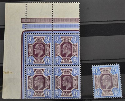 Lot 409 - KEVII 9d SG251 in a fine u.m. corner marginal block of 4. Stamps are u.m. Also a mint single....