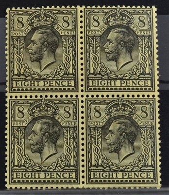 Lot 411 - KGV - 8d black on yellow SG 390 attractive u.m. block of 4. Gum crease on the reverse of one stamp