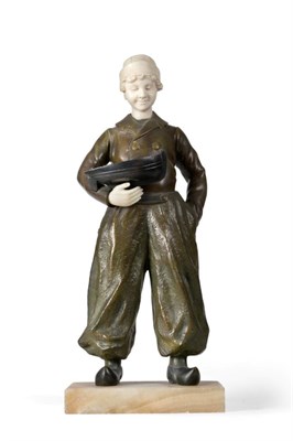 Lot 550 - Louis Sosson (act.1905-1930):  "Dutch Boy " A Patinated Bronze and Ivory Figure, dressed in...