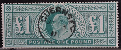 Lot 422 - EVII £1 Deep Green SG 320 superb used with a fine Guernsey cancel. Cat £750.