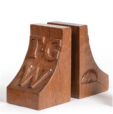 Lot 587 - A Pair of Robert  "Mouseman " Thompson Carved Oak Bookends, each carved with the initials...