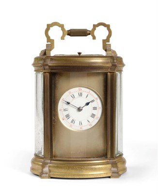 Lot 726 - A Brass Striking and Repeating Carriage Clock, circa 1890, carrying handle and repeat button, bowed