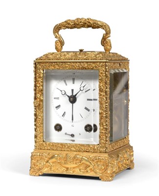 Lot 728 - An Unusual Brass Grande Sonnerie Alarm Carriage Clock, circa 1850, case highly elaborate with...