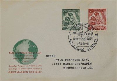 Lot 593 - Germany:  West Berlin: 1951(Oct 7) illustrated Stamp Day FDC Berlin-Baden of SGB80-1(cat £85)...