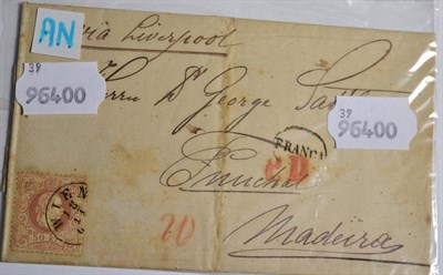 Lot 595 - Austria: 1866 EL Vienna-Madeira(destination) via Lisbon franked rare 50kr (SG66 cat £275)....