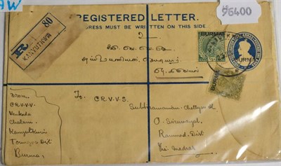 Lot 599 - Burma: 1937-49 KGV 3a+1a or KGVI  1½a + 3a registered postal stationery envelopes both size H,...