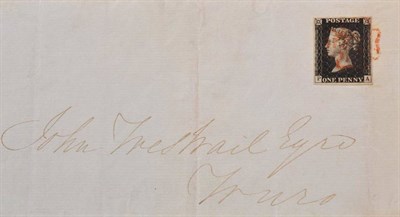 Lot 617 - GB 1d Black on Cover . 1841 Entire to Truro, bearing 1d black P-A  4 margins tied with a fine...