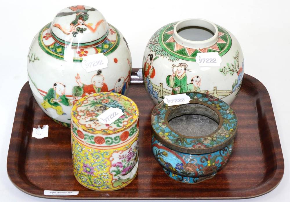 Lot 7 - A Chinese cloisonne bowl and three pieces of Chinese porcelain (all a.f.) (4)
