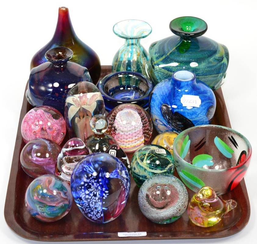 Lot 21 - Thirteen glass paperweights stamped by Caithness, Mdina, Selkirk; two small glass studio bowls; and