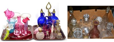 Lot 29 - A group of Victorian and later glass including a three bottle tantalus, Mary Gregory style...