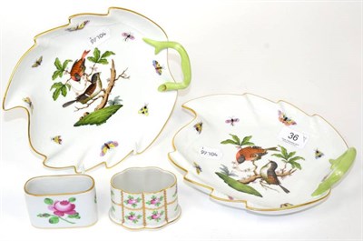 Lot 36 - A pair of Herend porcelain leaf form dishes decorated with birds and butterflies together with...
