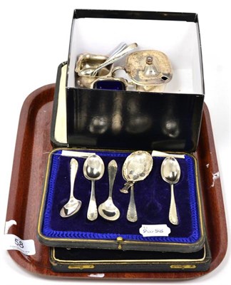 Lot 58 - Two cased set of silver tea spoons, silver tea caddy spoon, silver mustard pot, two silver...