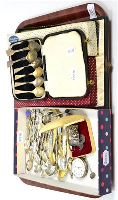 Lot 62 - A quantity of mixed silver and white metal souvenir spoons, two brooches stamped Sterling and...