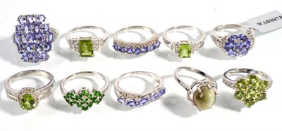 Lot 66 - Four silver tanzanite rings, four silver peridot rings and two other silver gem-set rings (10)
