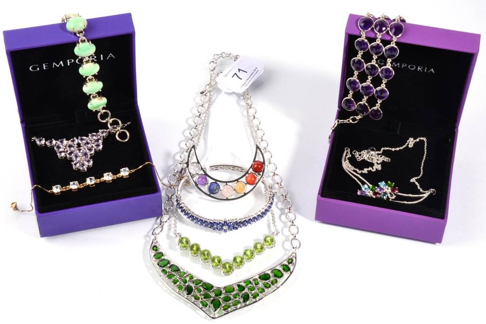 Lot 71 - A silver peridot necklace, a silver amethyst necklace, a chrome diopside necklace, a multi-gemstone