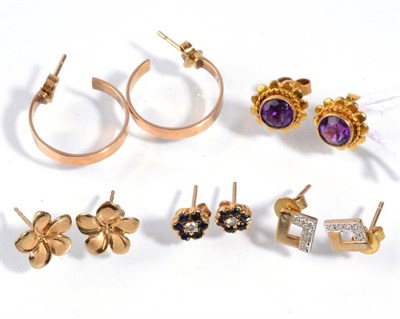 Lot 85 - A pair of 9 carat gold amethyst stud earrings, a pair of circular sapphire and diamond cluster...
