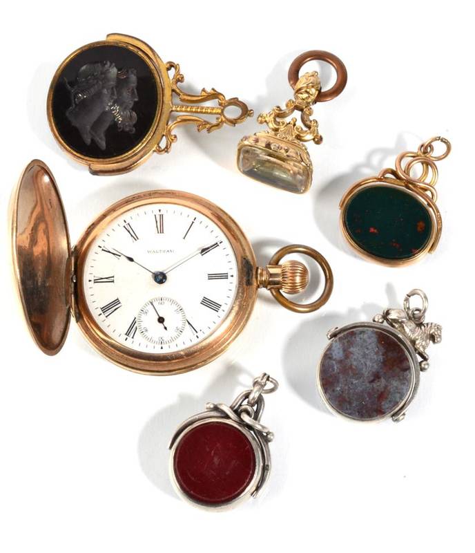 Lot 90 - A Waltham gold plated full hunter pocket watch together with a gilt metal mounted intaglio...