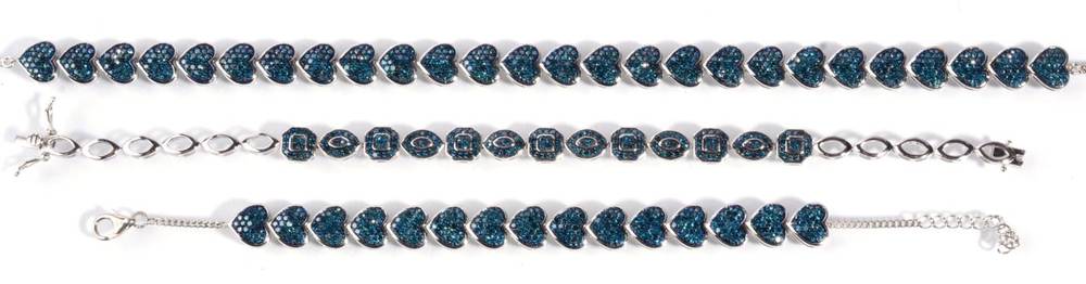 Lot 92 - Silver blue diamond heart link necklace and bracelet set, and another silver blue diamond...