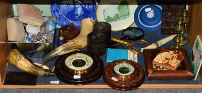 Lot 119 - A shelf of collectors items including a quantity of miniature ceramics; two horn powder flasks; two
