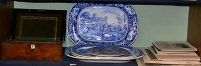 Lot 134 - A Victorian rosewood travelling writing slope; blue and white meat plates with scenes of...