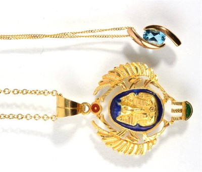 Lot 168 - An enamelled Egyptian pendant stamped with Egyptian 18 carat gold marks, on an 18 carat gold...