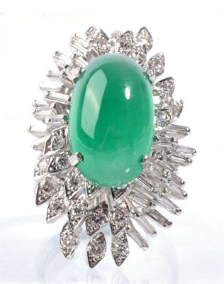 Lot 169 - An 18 carat white gold green quartz and diamond cluster ring, an oval cabochon green quartz in...