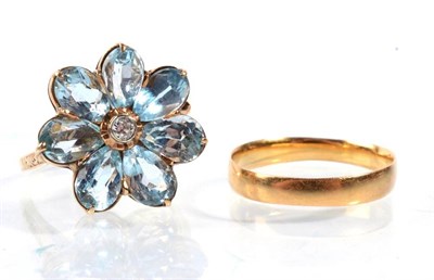 Lot 171 - An 18 carat gold band ring, finger size M, 1.5g and an aquamarine and diamond floral cluster...