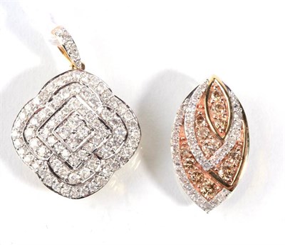 Lot 175 - A 9 carat gold white and champagne coloured diamond pendant and a 9 carat gold white diamond...