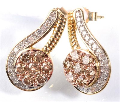 Lot 189 - A pair of 9 carat gold champagne colour diamond cluster earrings, a cluster of champagne...
