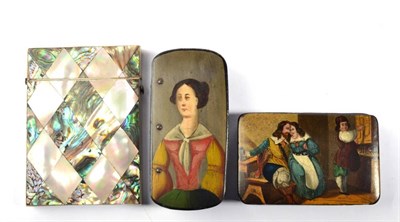 Lot 191 - Two 19th century figural decorated snuff boxes and a Victorian mother of pearl card case