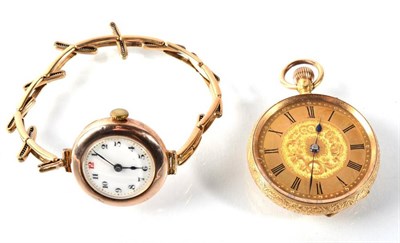 Lot 200 - A Continental 18 carat gold lady's fob watch with engraved gilt dial; and a lady's 9 carat gold...