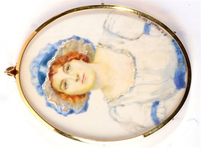 Lot 214 - Florence Ethel Howell portrait miniature of a young lady in a white dress and blue bonnet,...