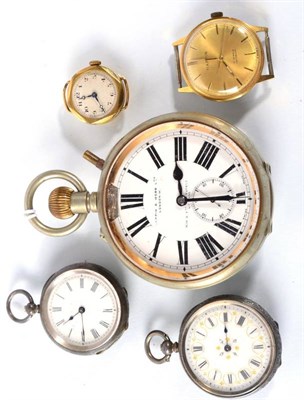 Lot 218 - A nickel plated pocket watch retailed by Mappin & Webb London, yellow metal lady's wristwatch,...