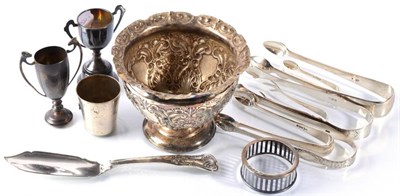 Lot 221 - A silver pedestal bowl; silver sugar tongs; miniature trophy cups etc