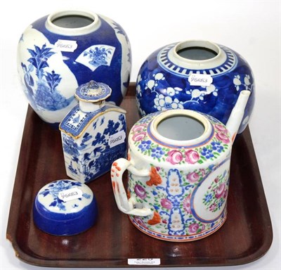 Lot 225 - Two Chinese ginger jars (lacking covers); an 18th century Chinese porcelain tea pot (lacking cover)