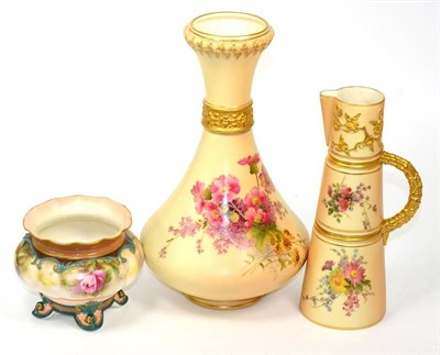 Lot 245 - Royal Worcester china blush ivory vase and jug and a Hadley's Worcester china vase painted with...