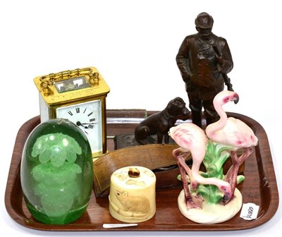 Lot 246 - A tray of miscellaneous including dump paperweight; brass carriage timepieces; a Japanese Meiji...